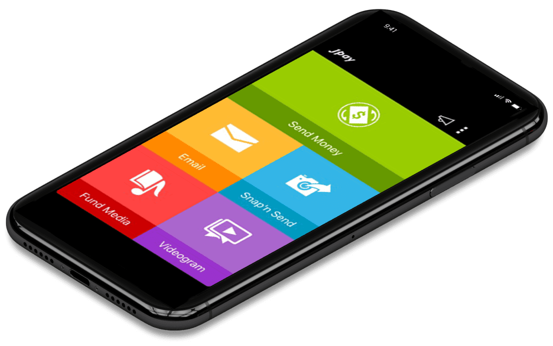 a smartphone displaying the initial selections of the JPay mobile app