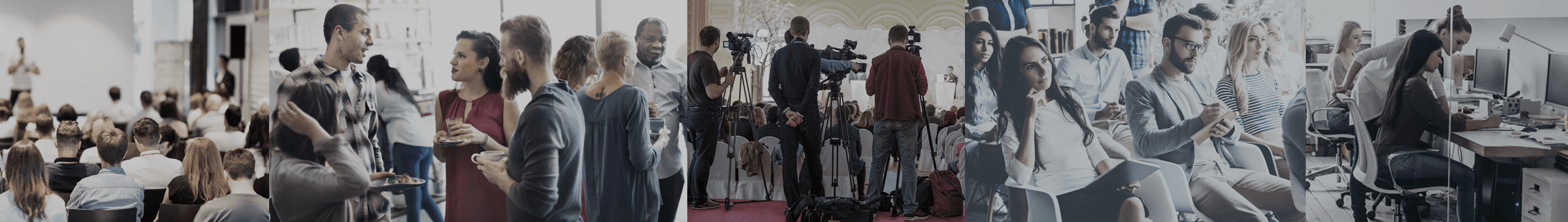 A group of people, some holding cameras and microphones, gathered in what appears to be a formal event or press conference setting, with a backdrop of decorative arches and artwork.