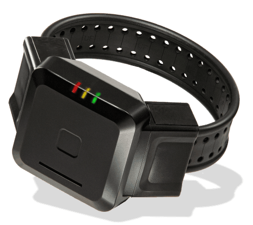 A black, wearable fitness tracker or activity monitor with a display and a perforated strap.