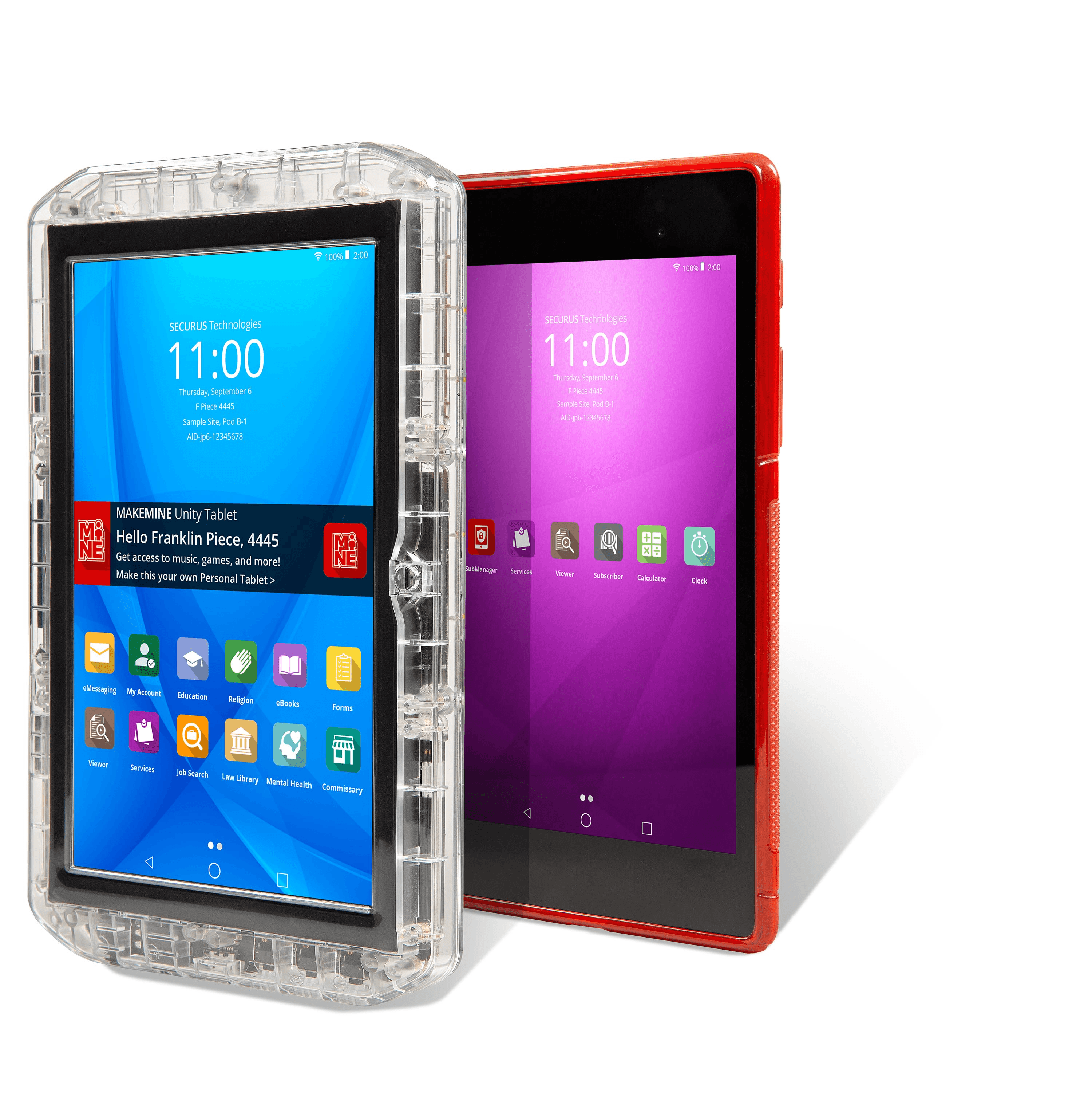 Two mobile devices with colorful displays and various app icons are shown in a transparent protective case.