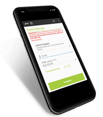 The image shows a JPay Consumer mobile phone screen displaying a money transfer interface, with details of the recipient and the transaction amount.